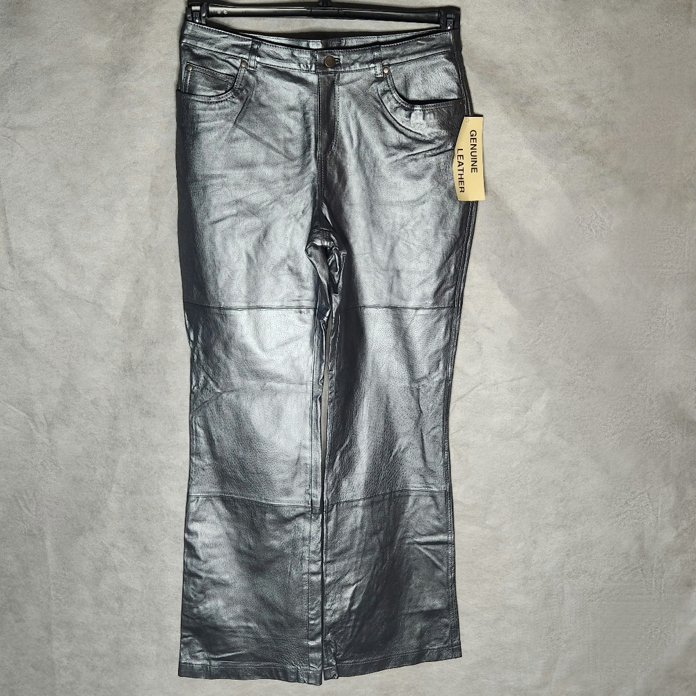 Metrostyle Genuine Leather Straight Leg Pant In A Sleek Pewter Color Fully Lined